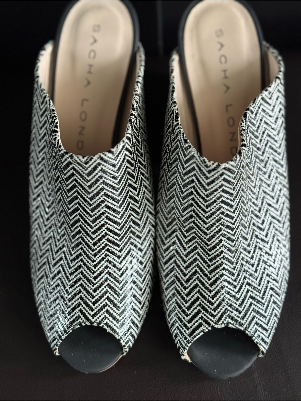 Sacha London Blue & White Herringbone Peep-Toe Mules